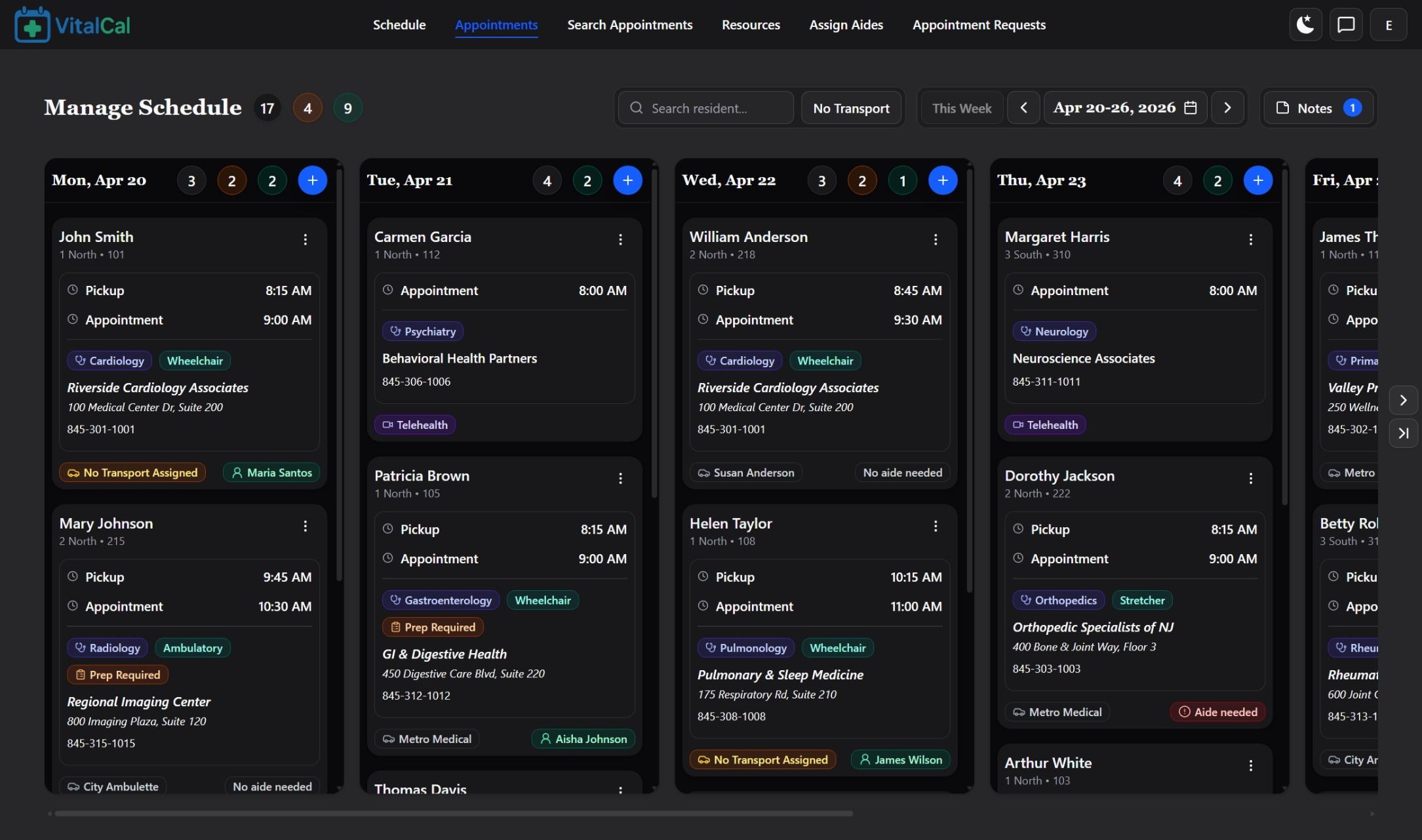 VitalCal appointment dashboard in dark mode