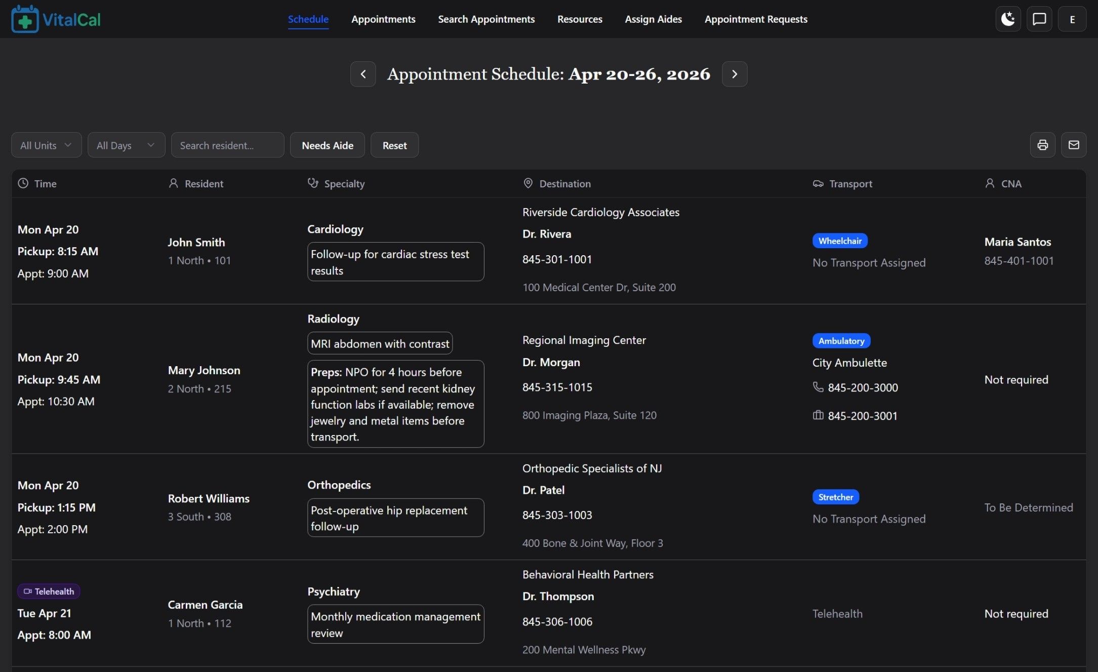 VitalCal weekly schedule dashboard in dark mode